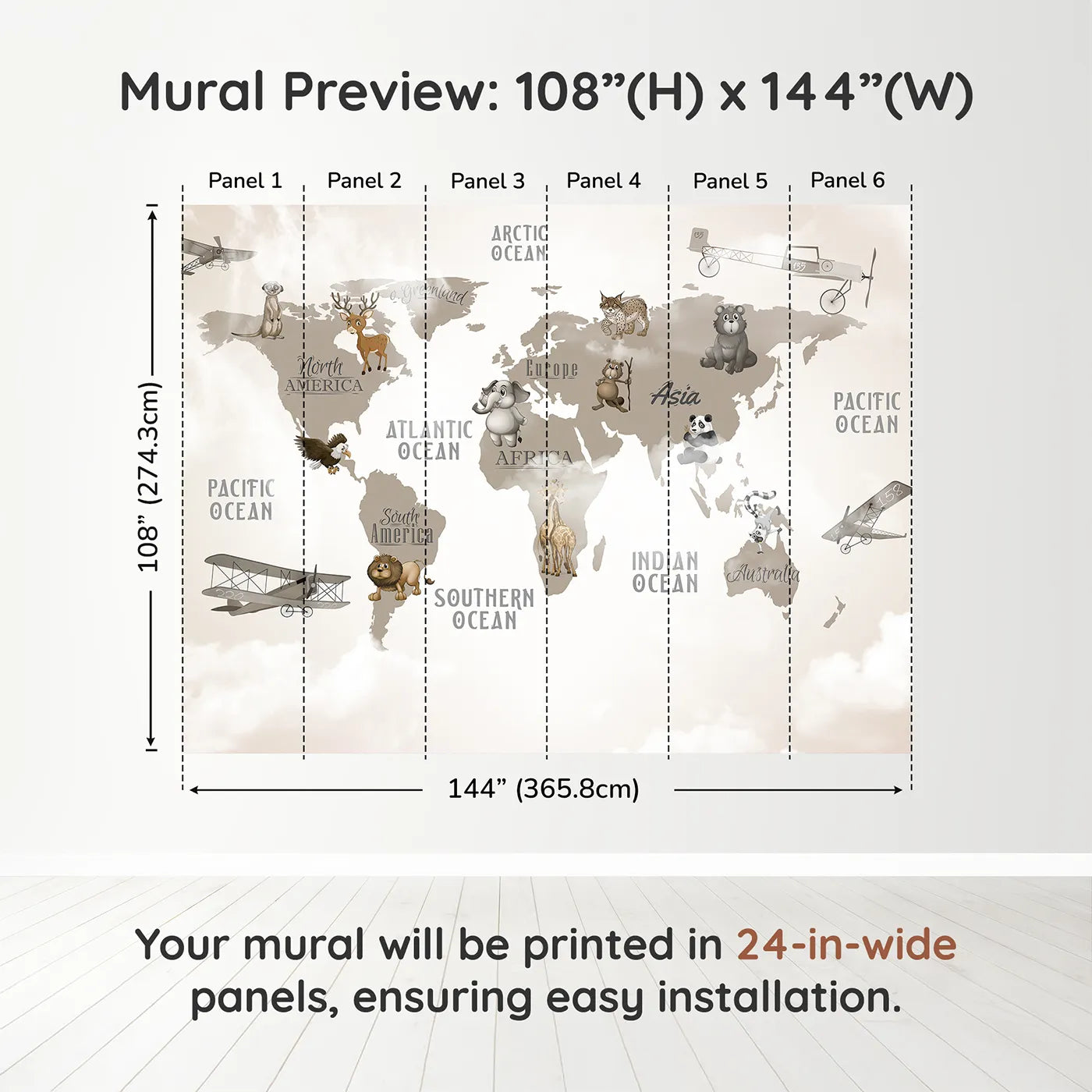 Whimsy Tots Vintage Animal Aviator World Map Wall Mural in Graydimension view (108" H x 144" W). Printed in six 24-inch-wide panels. Gender-Neutral