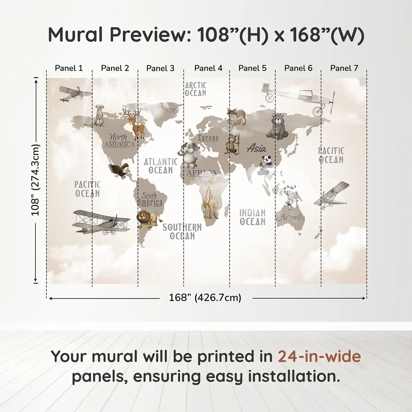 Whimsy Tots Vintage Animal Aviator World Map Wall Mural in Graydimension view (108" H x 168" W). Printed in seven 24-inch-wide panels. Gender-Neutral