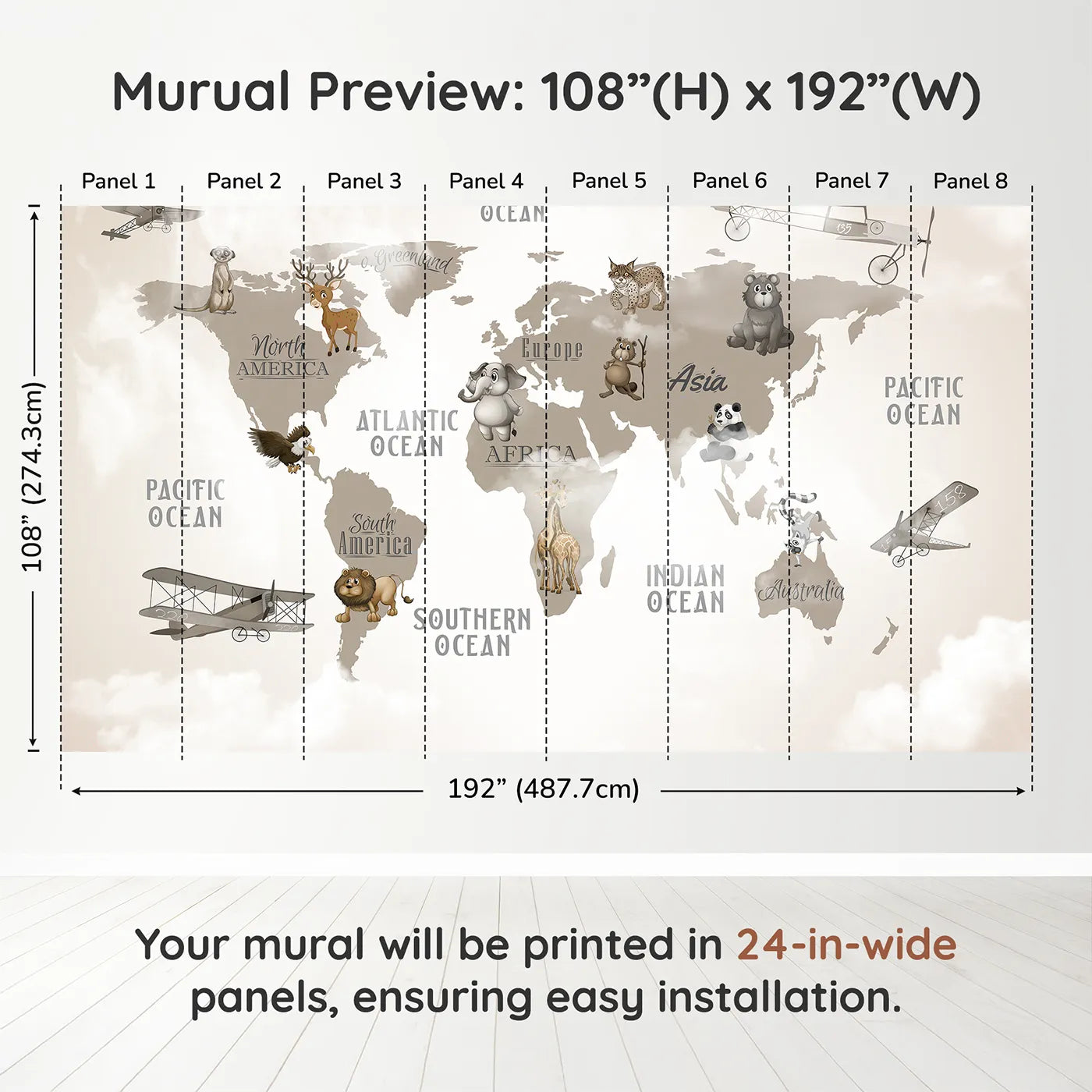 Whimsy Tots Vintage Animal Aviator World Map Wall Mural in Graydimension view (108" H x 192" W). Printed in eight 24-inch-wide panels. Gender-Neutral