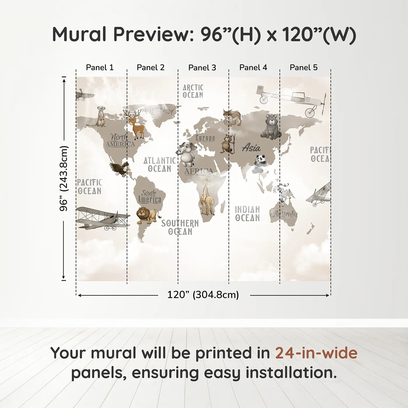 Whimsy Tots Vintage Animal Aviator World Map Wall Mural in Graydimension view (96" H x 120" W). Printed in five 24-inch-wide panels. Gender-Neutral