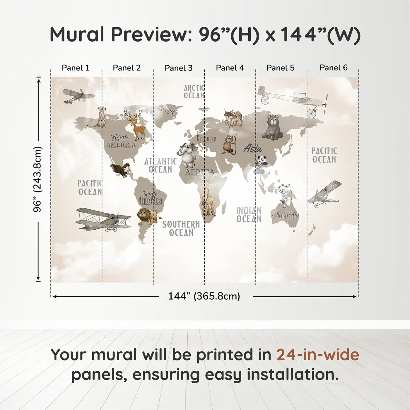 Whimsy Tots Vintage Animal Aviator World Map Wall Mural in Graydimension view (96" H x 144" W). Printed in six 24-inch-wide panels. Gender-Neutral