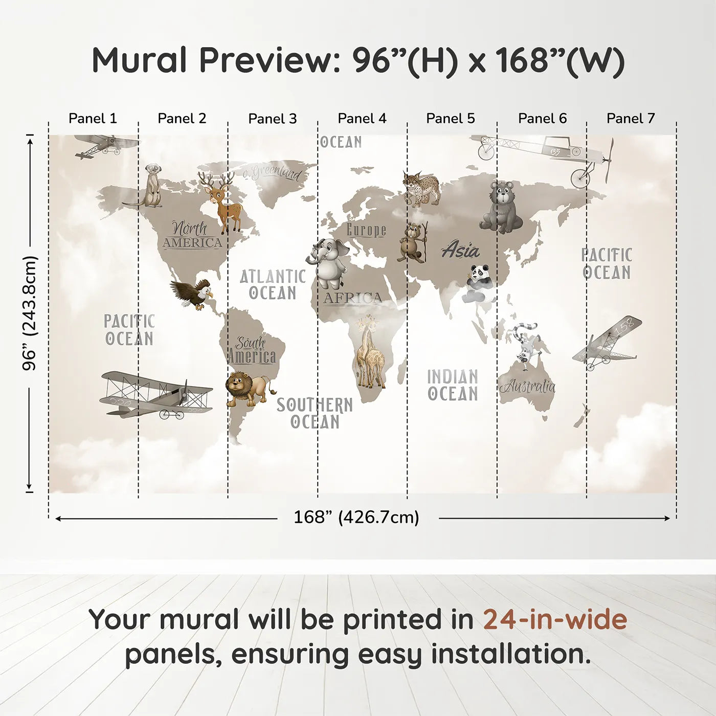 Whimsy Tots Vintage Animal Aviator World Map Wall Mural in Graydimension view (96" H x 168" W). Printed in seven 24-inch-wide panels. Gender-Neutral