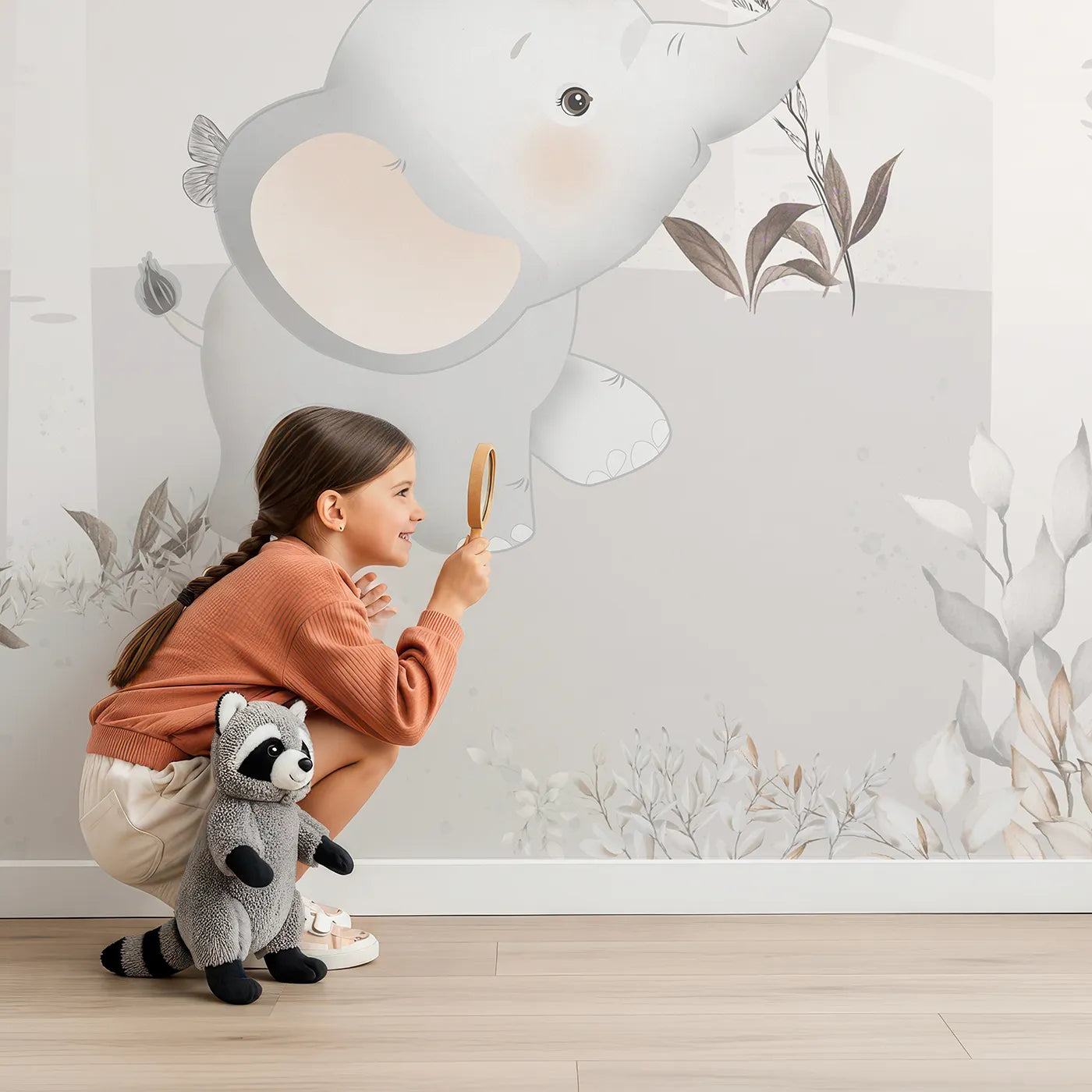 Child in front of Whimsy Tots Safari Birch Forest Wall Mural with animal, safari, forest, airplane, cute, birch, gray, vintage in design.