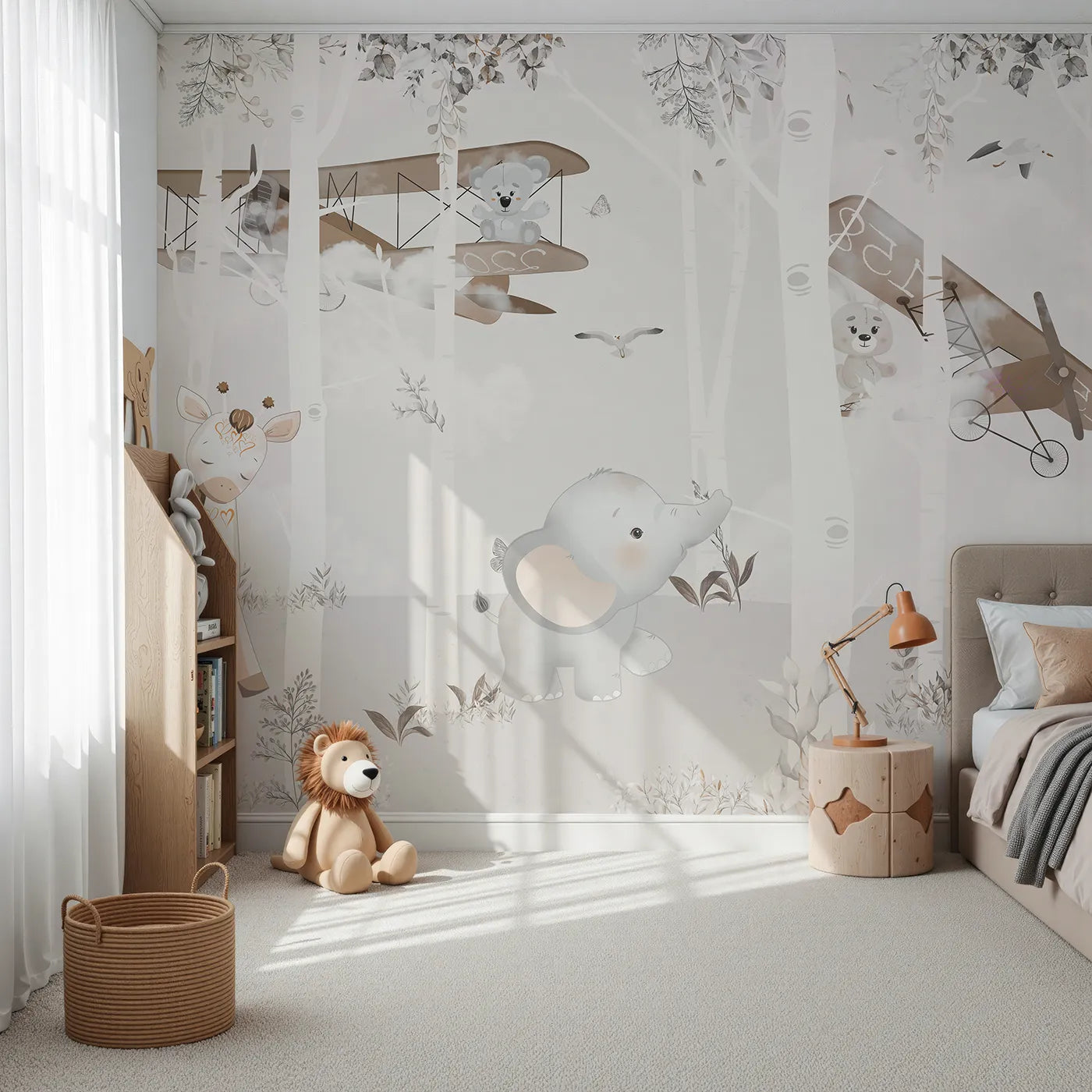 Front view of Whimsy Tots' Safari Birch Forest Wall Mural