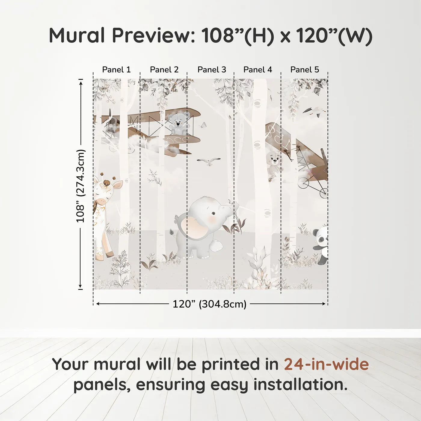 Whimsy Tots Safari Birch Forest Wall Muraldimension view (108" H x 120" W). Printed in five 24-inch-wide panels. Gender-Neutral