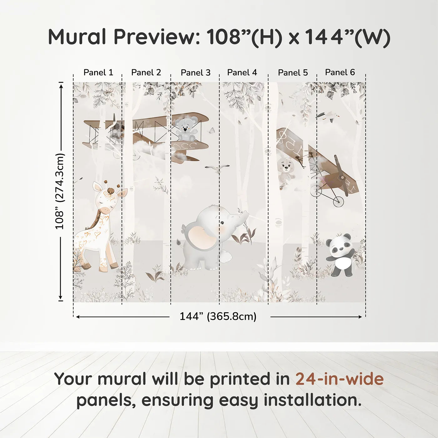 Whimsy Tots Safari Birch Forest Wall Muraldimension view (108" H x 144" W). Printed in six 24-inch-wide panels. Gender-Neutral