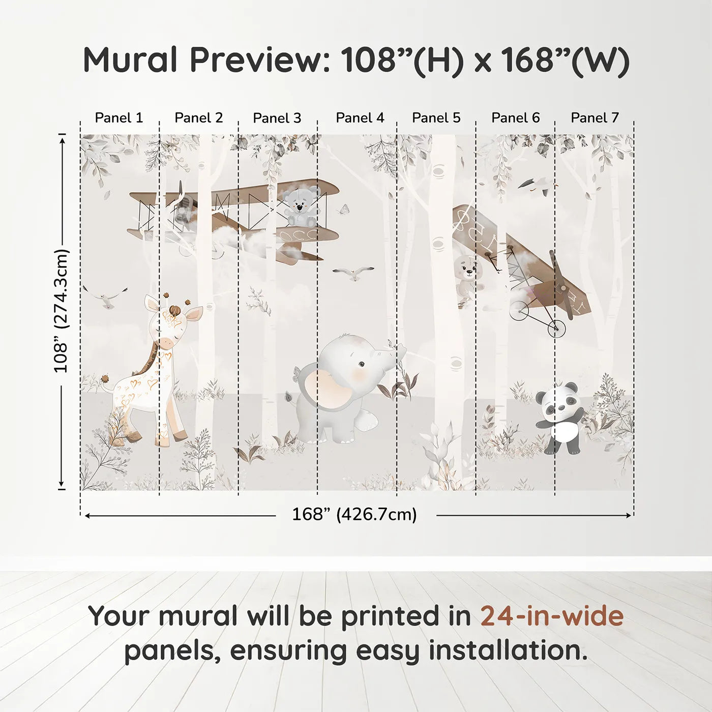 Whimsy Tots Safari Birch Forest Wall Muraldimension view (108" H x 168" W). Printed in seven 24-inch-wide panels. Gender-Neutral
