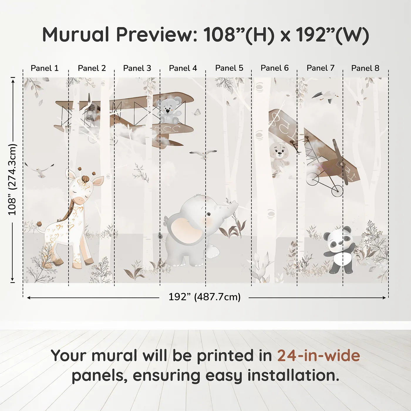Whimsy Tots Safari Birch Forest Wall Muraldimension view (108" H x 192" W). Printed in eight 24-inch-wide panels. Gender-Neutral