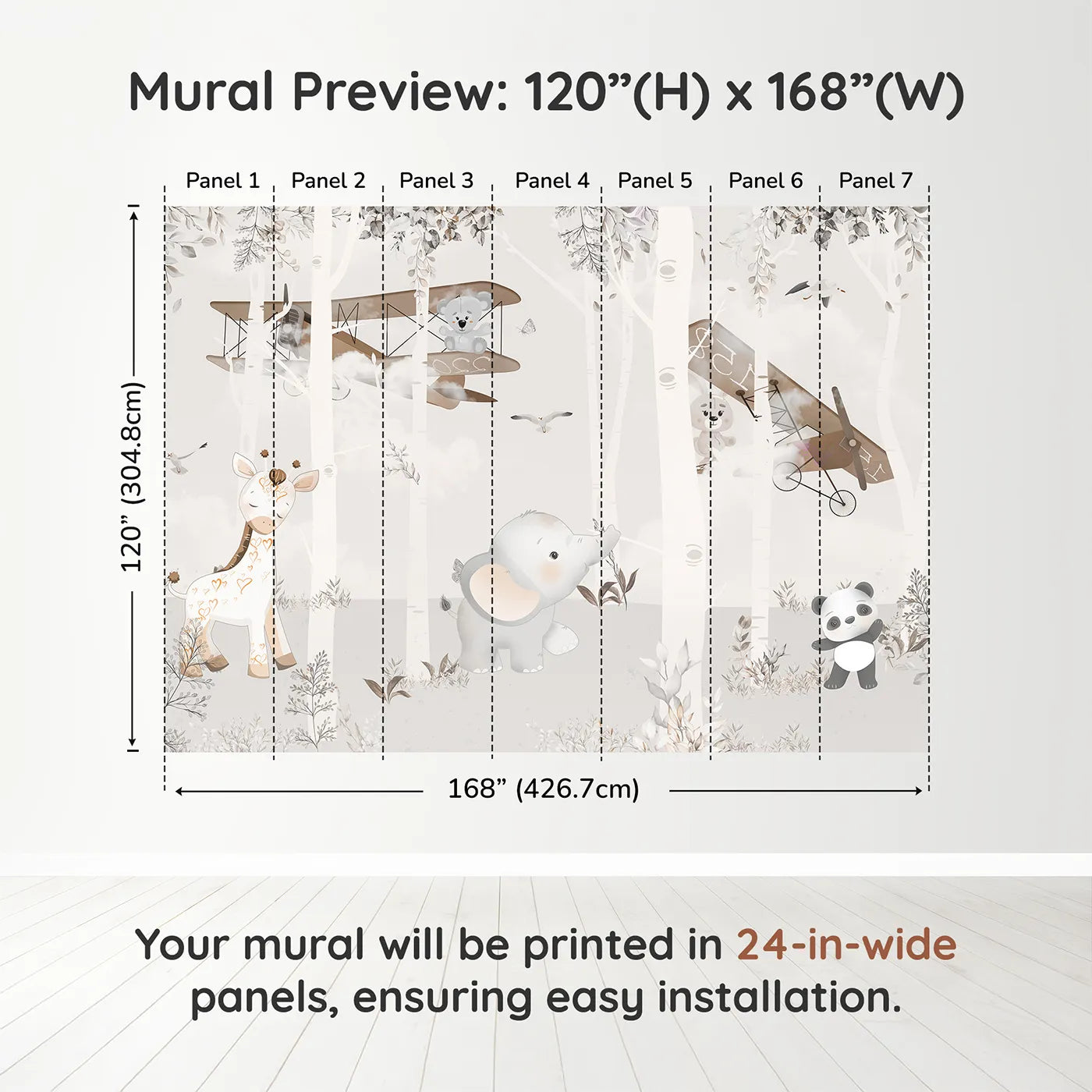 Whimsy Tots Safari Birch Forest Wall Muraldimension view (120" H x 168" W). Printed in seven 24-inch-wide panels. Gender-Neutral
