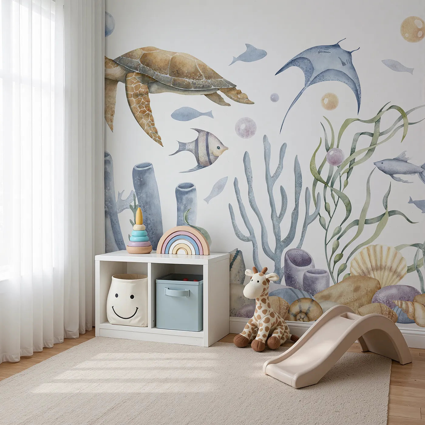 Angled view of Whimsy Tots' Watercolor Ocean Friends Wall Mural (Turn Their Room into a Gentle, Underwater Masterpiece).Gender-Neutral