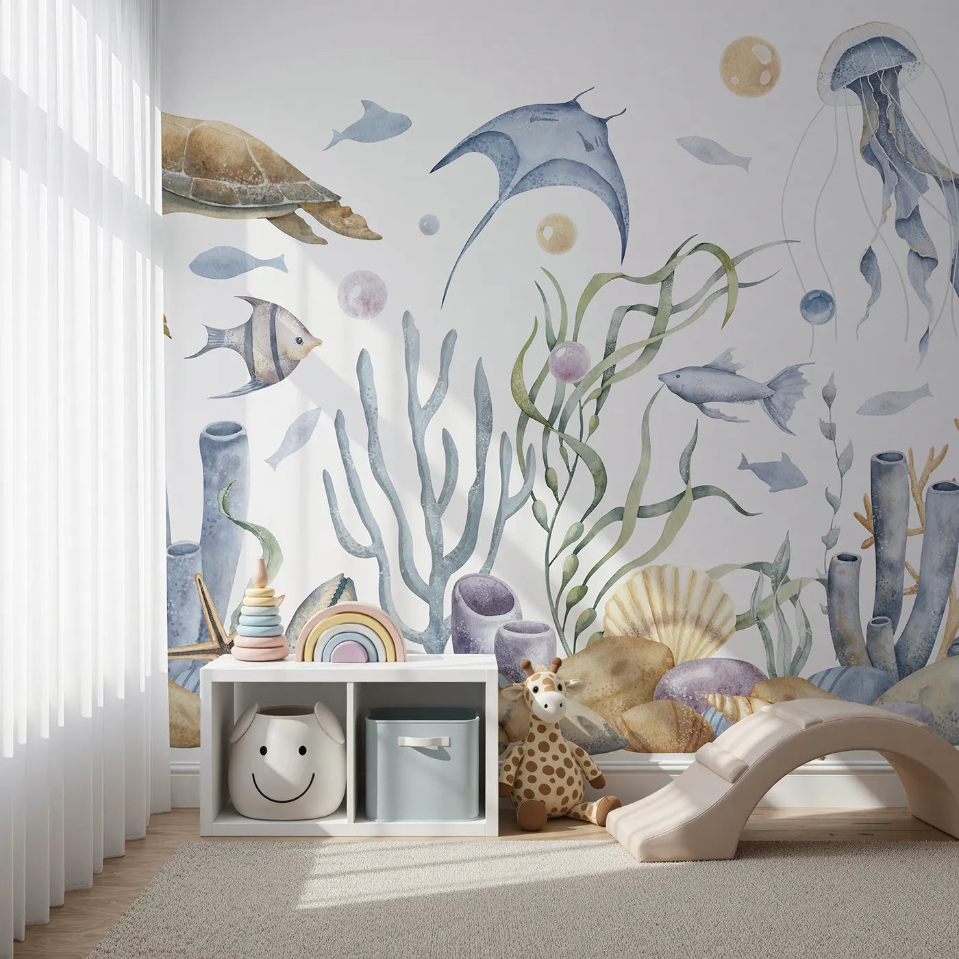 Front view of Whimsy Tots' Watercolor Ocean Friends Wall Mural