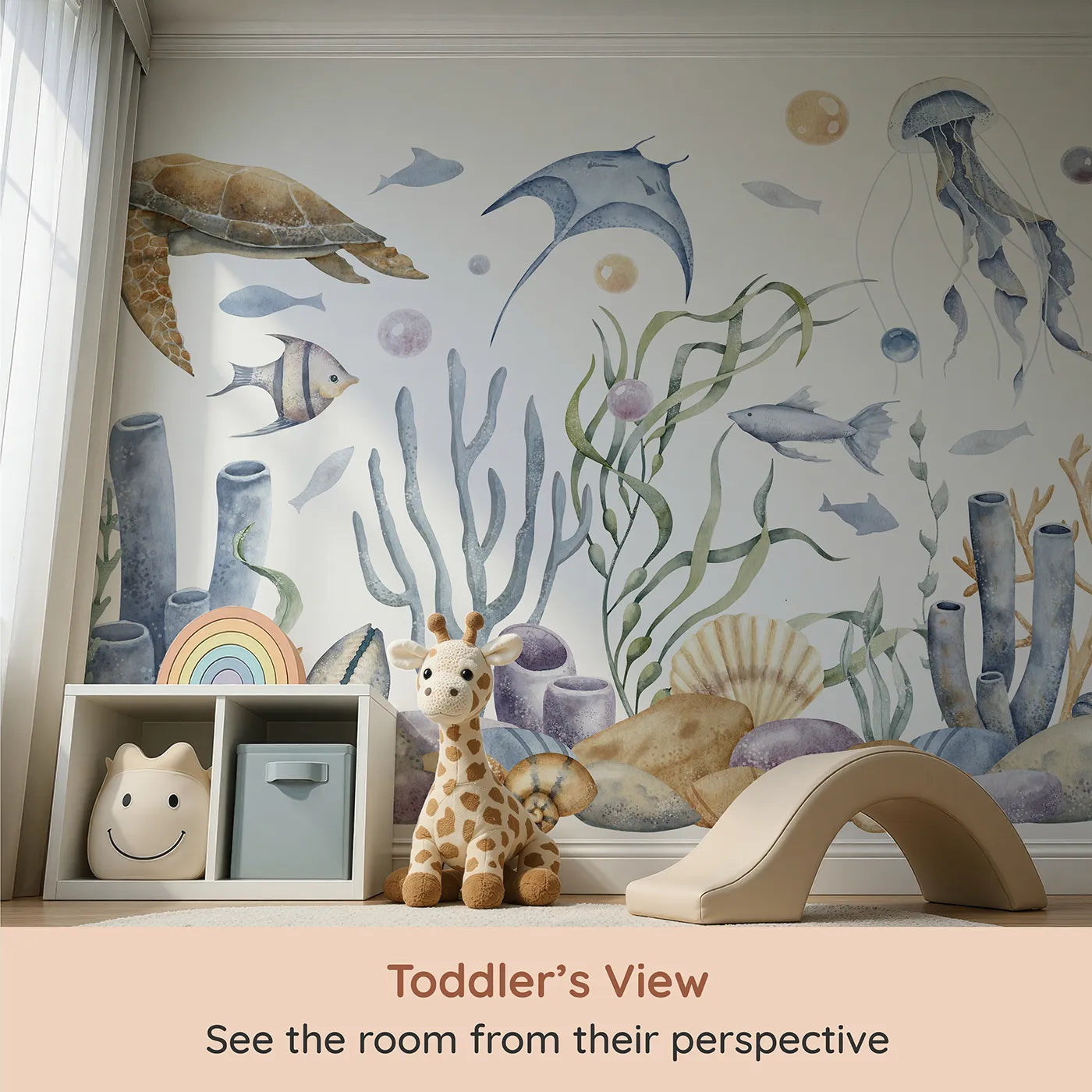 Whimsy Tots Watercolor Ocean Friends Wall Mural (Turn Their Room into a Gentle, Underwater Masterpiece) from your child's view.Gender-Neutral