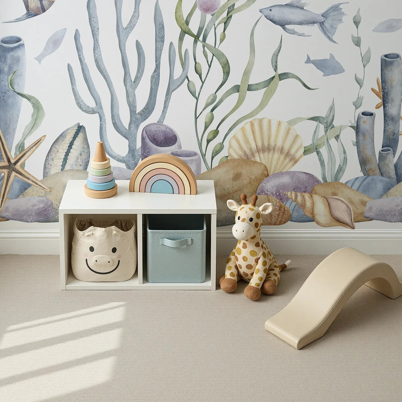 Top-down view of Whimsy Tots' Watercolor Ocean Friends Wall Mural (Turn Their Room into a Gentle, Underwater Masterpiece).Gender-Neutral