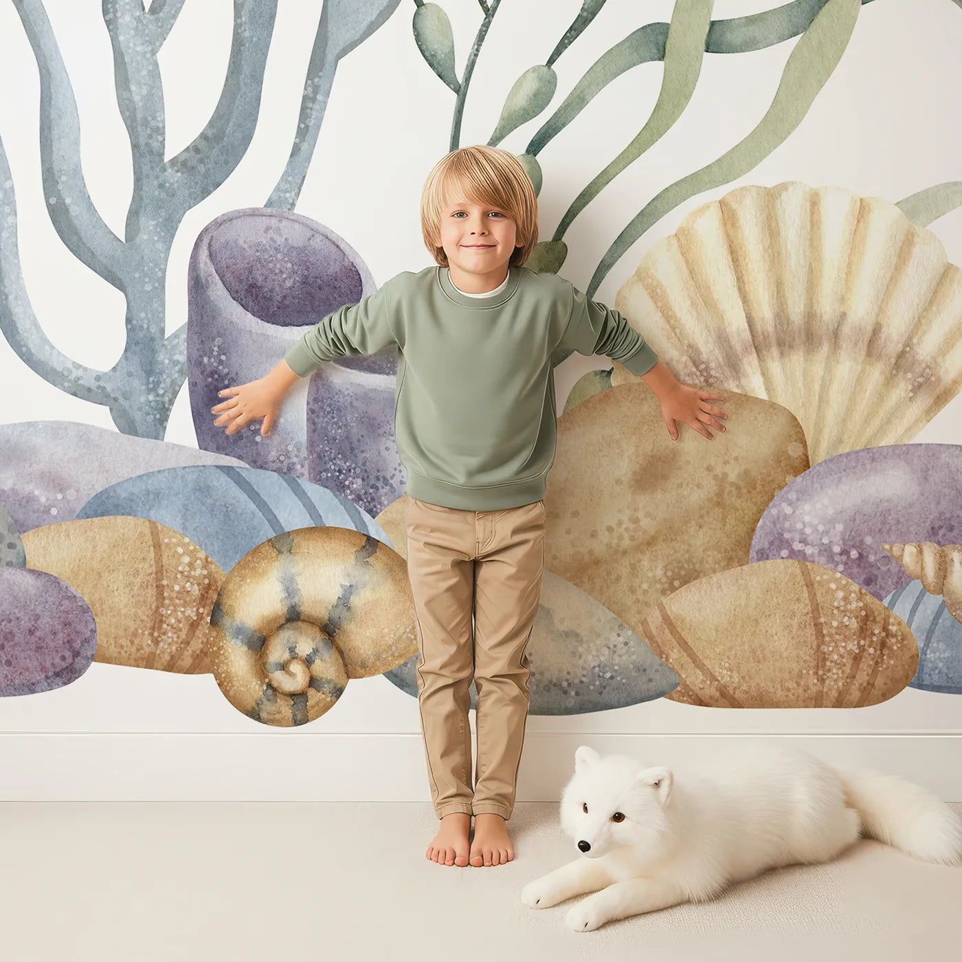 Child in front of Whimsy Tots Watercolor Ocean Friends Wall Mural with ocean, sea, watercolor, turtle, jellyfish, seahorse, coral, underwater in design.