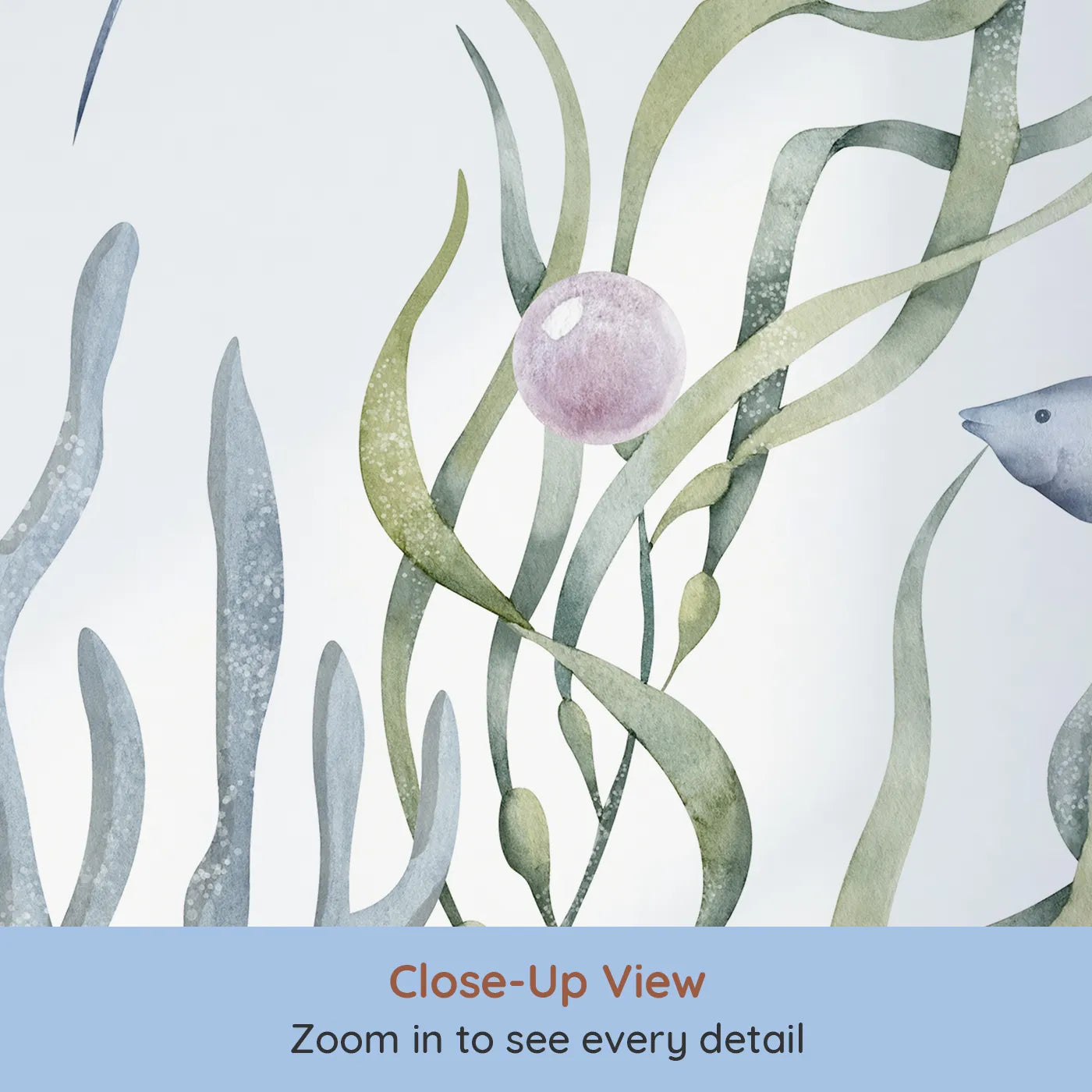 Close-up view of Whimsy Tots' Watercolor Ocean Friends Wall Mural (Turn Their Room into a Gentle, Underwater Masterpiece).Gender-Neutral