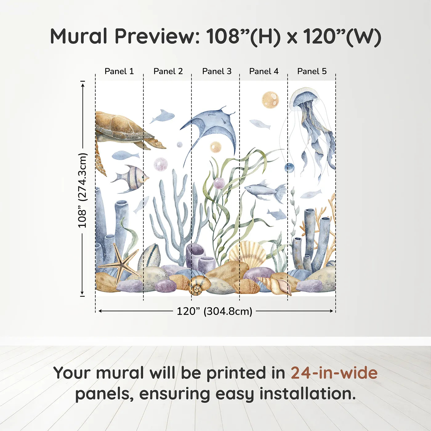 Whimsy Tots Watercolor Ocean Friends Wall Muraldimension view (108" H x 120" W). Printed in five 24-inch-wide panels. Gender-Neutral