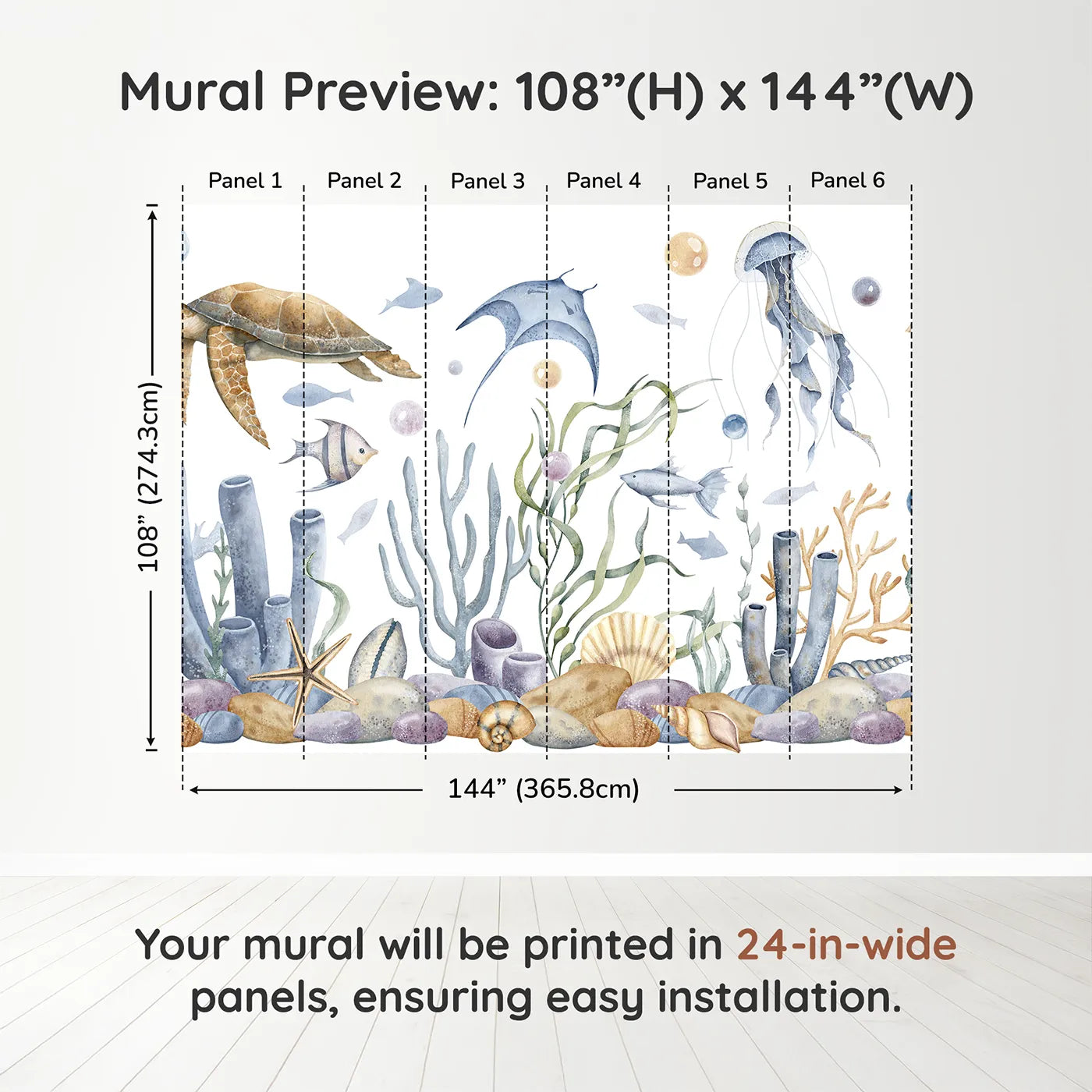 Whimsy Tots Watercolor Ocean Friends Wall Muraldimension view (108" H x 144" W). Printed in six 24-inch-wide panels. Gender-Neutral