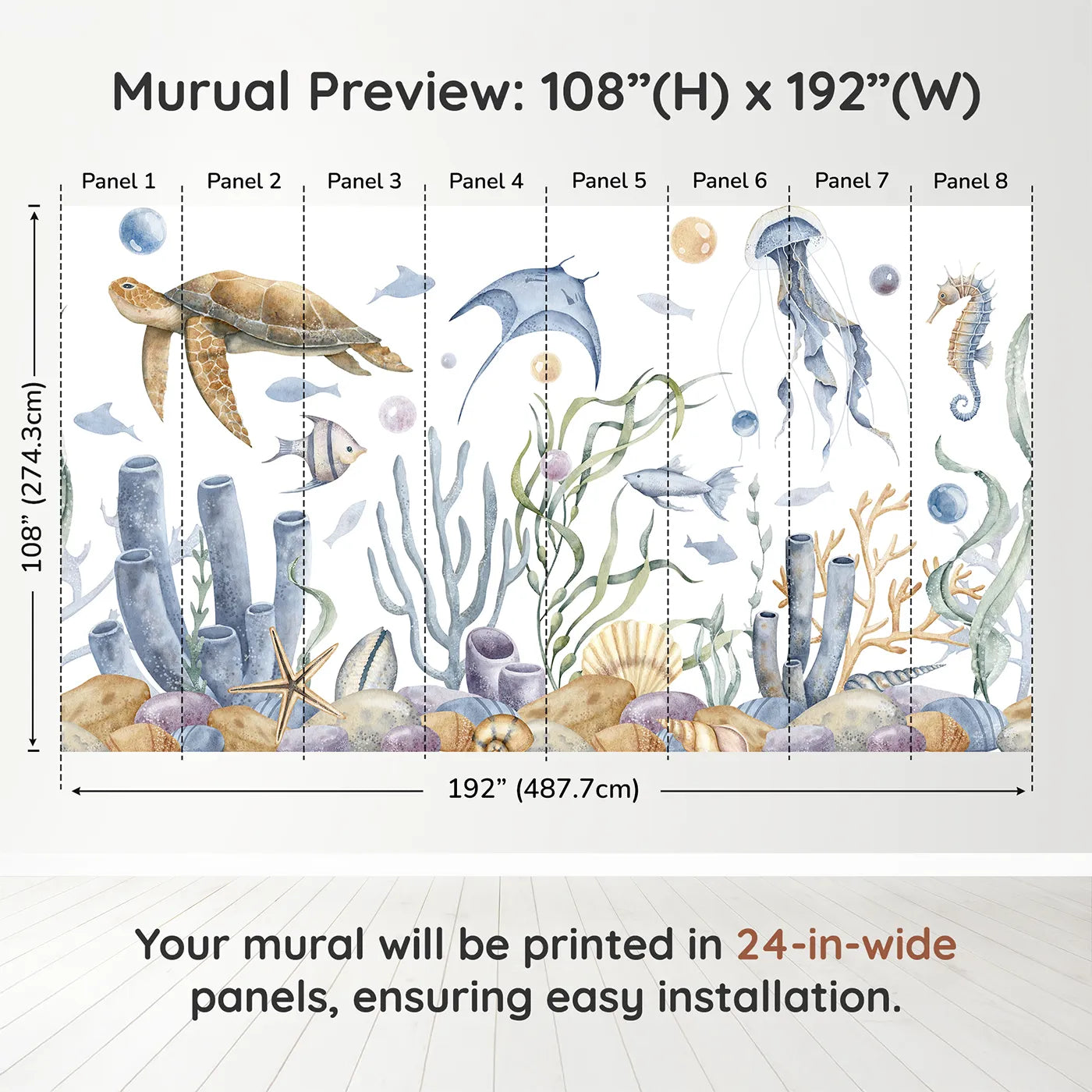 Whimsy Tots Watercolor Ocean Friends Wall Muraldimension view (108" H x 192" W). Printed in eight 24-inch-wide panels. Gender-Neutral