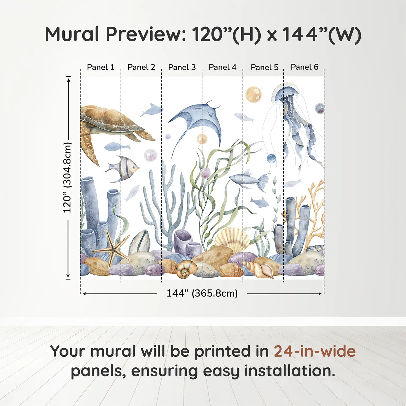 Whimsy Tots Watercolor Ocean Friends Wall Muraldimension view (120" H x 144" W). Printed in six 24-inch-wide panels. Gender-Neutral