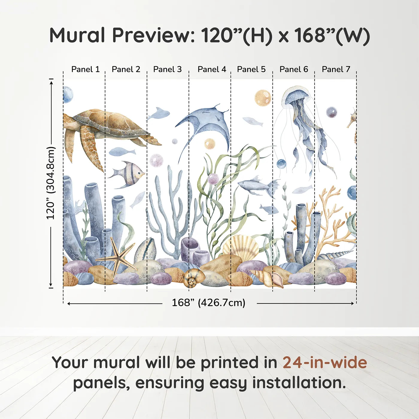 Whimsy Tots Watercolor Ocean Friends Wall Muraldimension view (120" H x 168" W). Printed in seven 24-inch-wide panels. Gender-Neutral