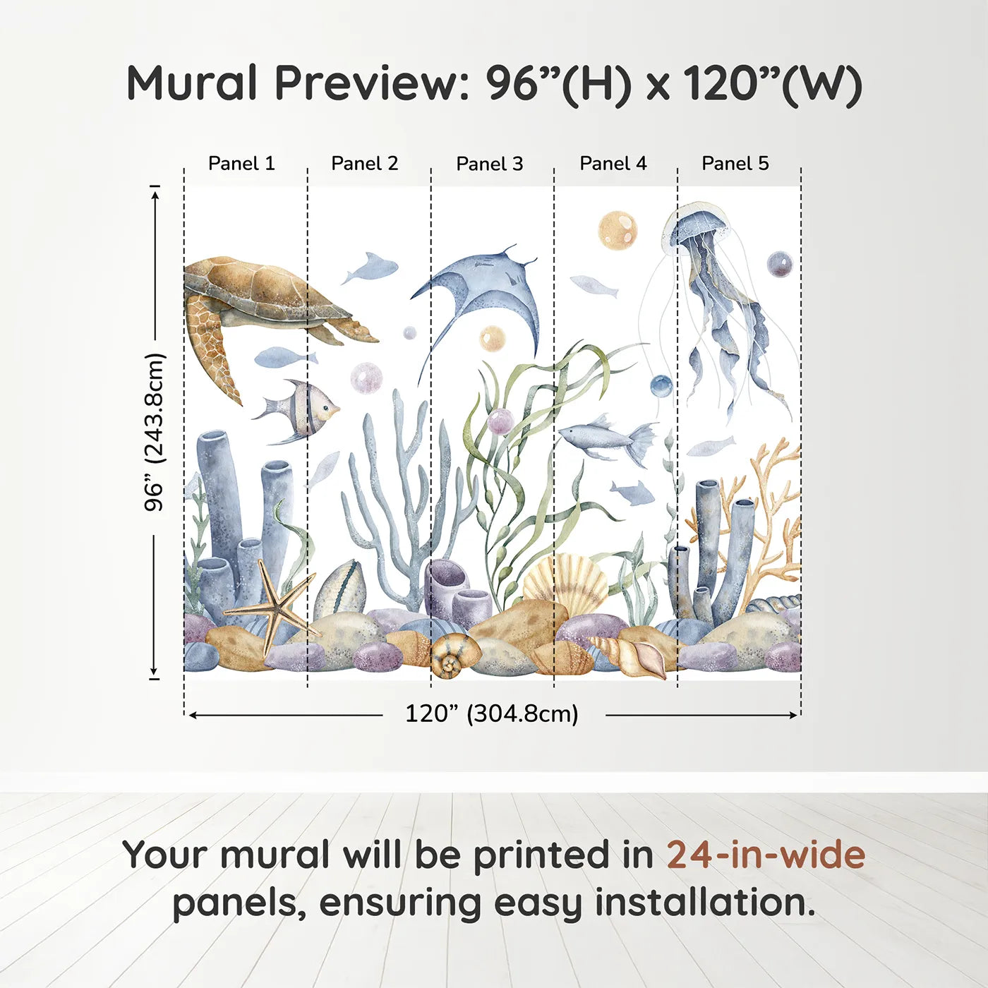 Whimsy Tots Watercolor Ocean Friends Wall Muraldimension view (96" H x 120" W). Printed in five 24-inch-wide panels. Gender-Neutral