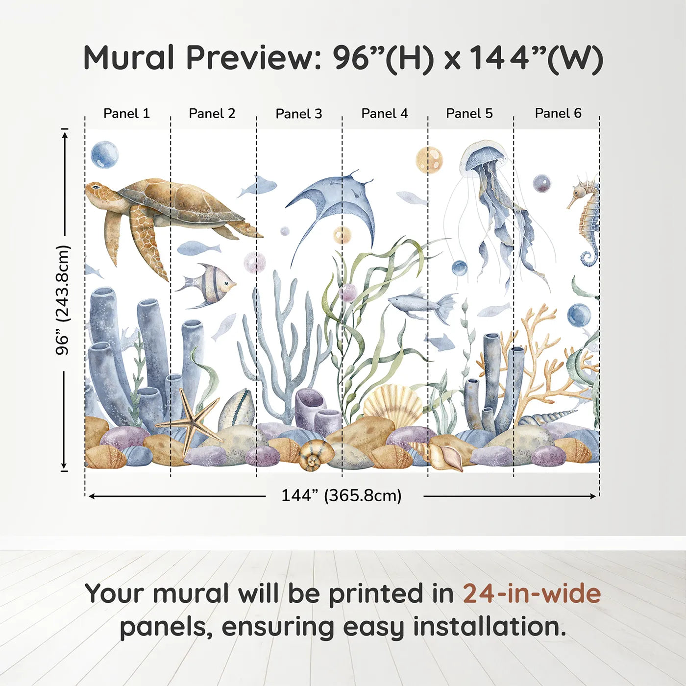 Whimsy Tots Watercolor Ocean Friends Wall Muraldimension view (96" H x 144" W). Printed in six 24-inch-wide panels. Gender-Neutral