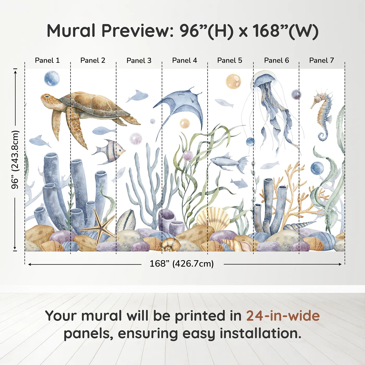 Whimsy Tots Watercolor Ocean Friends Wall Muraldimension view (96" H x 168" W). Printed in seven 24-inch-wide panels. Gender-Neutral