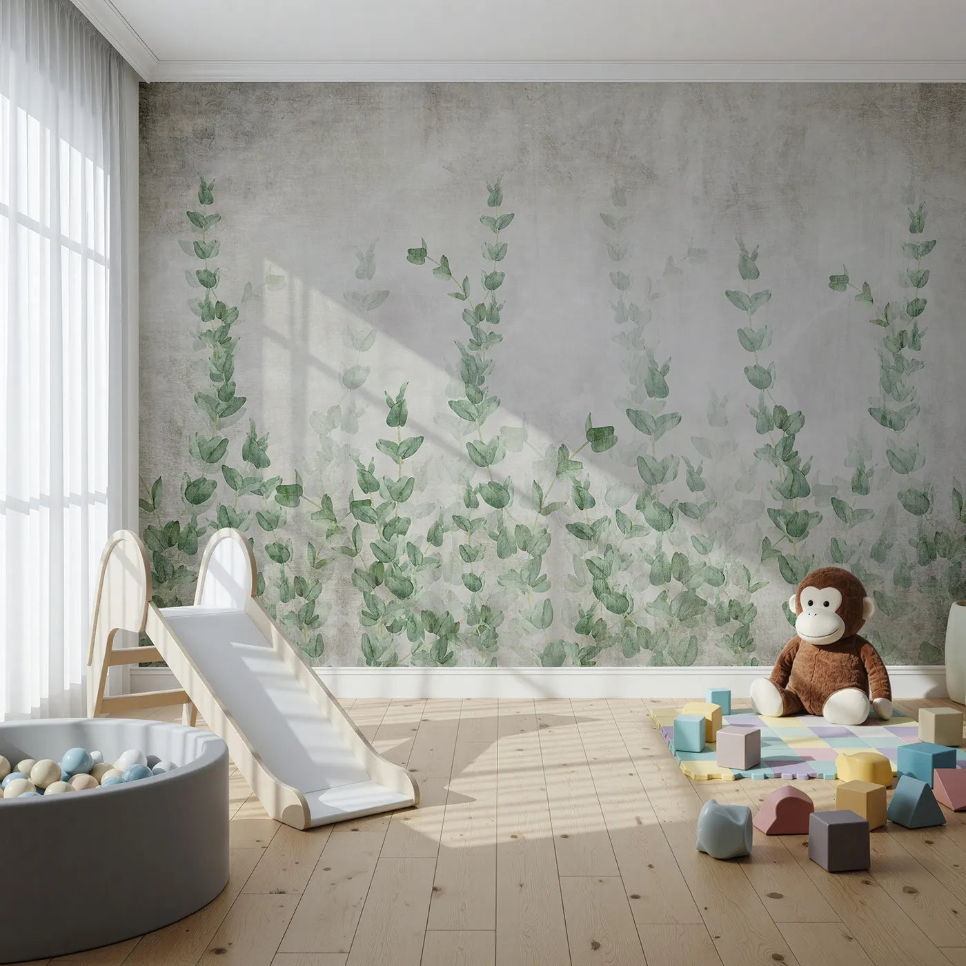 Front view of Whimsy Tots' Eucalyptus Grove Wall Mural
