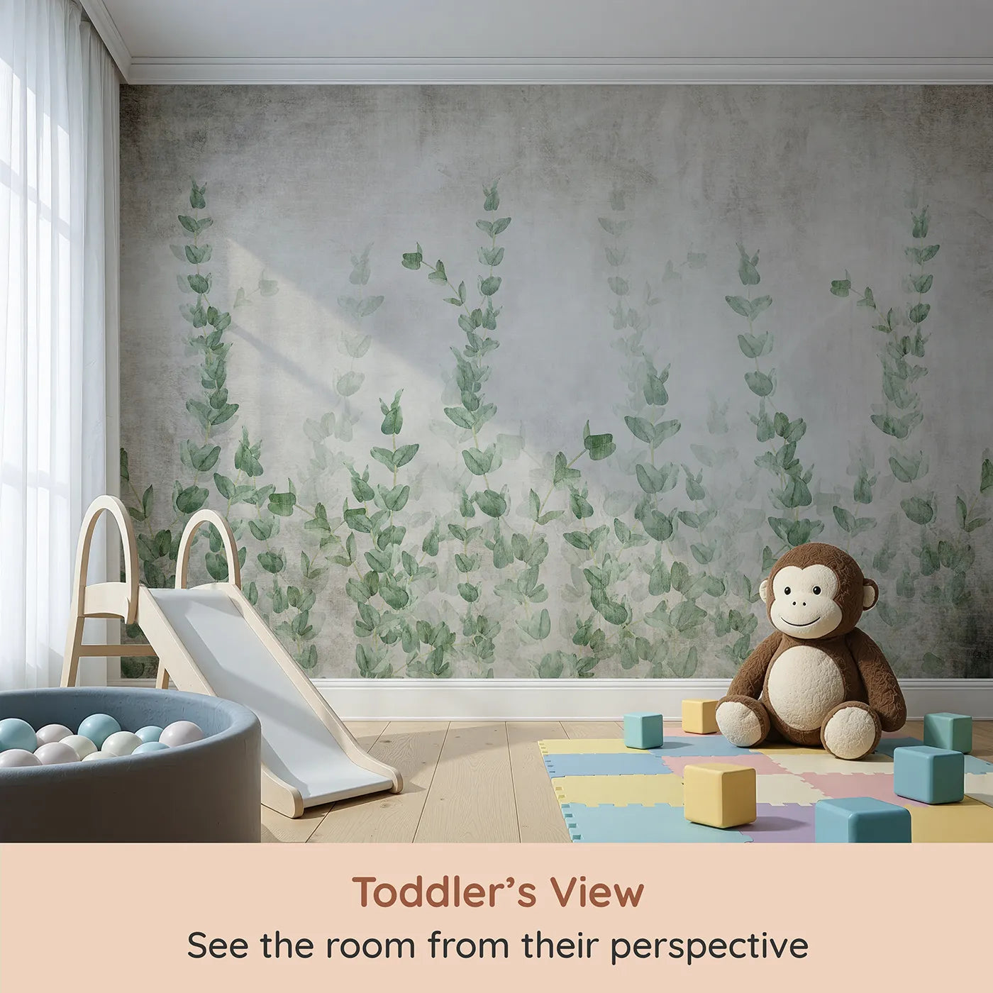 Whimsy Tots Eucalyptus Grove Wall Mural (Turn Their Room into a Field of Gentle, Rustic Greenery) from your child's view.Gender-Neutral