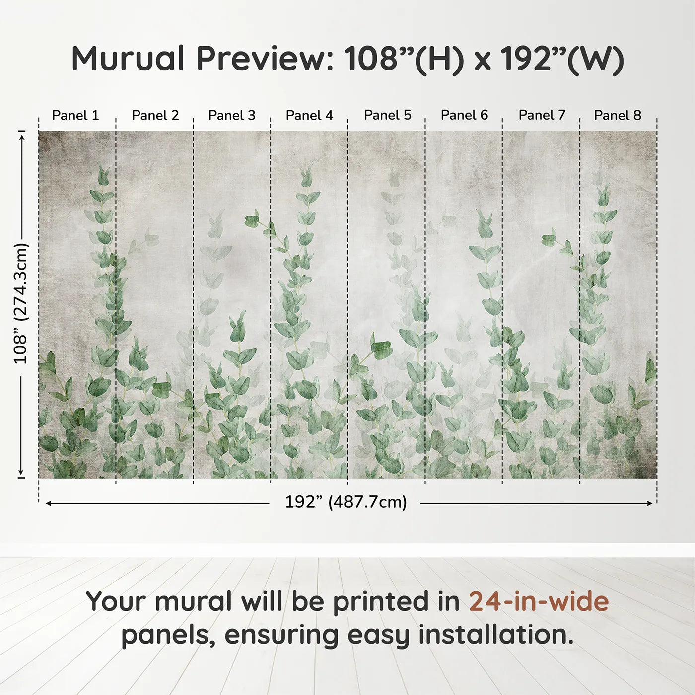 Whimsy Tots Eucalyptus Grove Wall Muraldimension view (108" H x 192" W). Printed in eight 24-inch-wide panels. Gender-Neutral