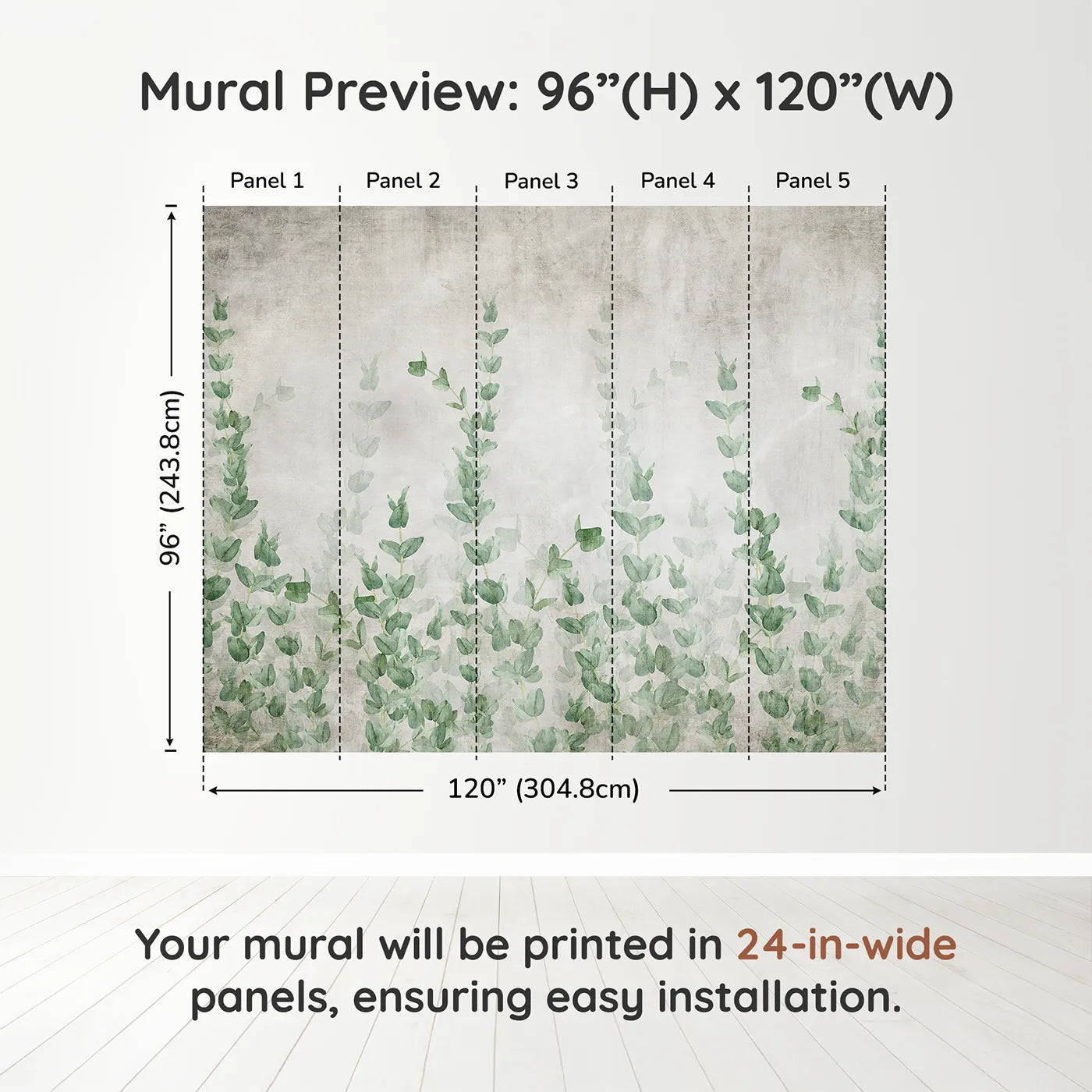 Whimsy Tots Eucalyptus Grove Wall Muraldimension view (96" H x 120" W). Printed in five 24-inch-wide panels. Gender-Neutral
