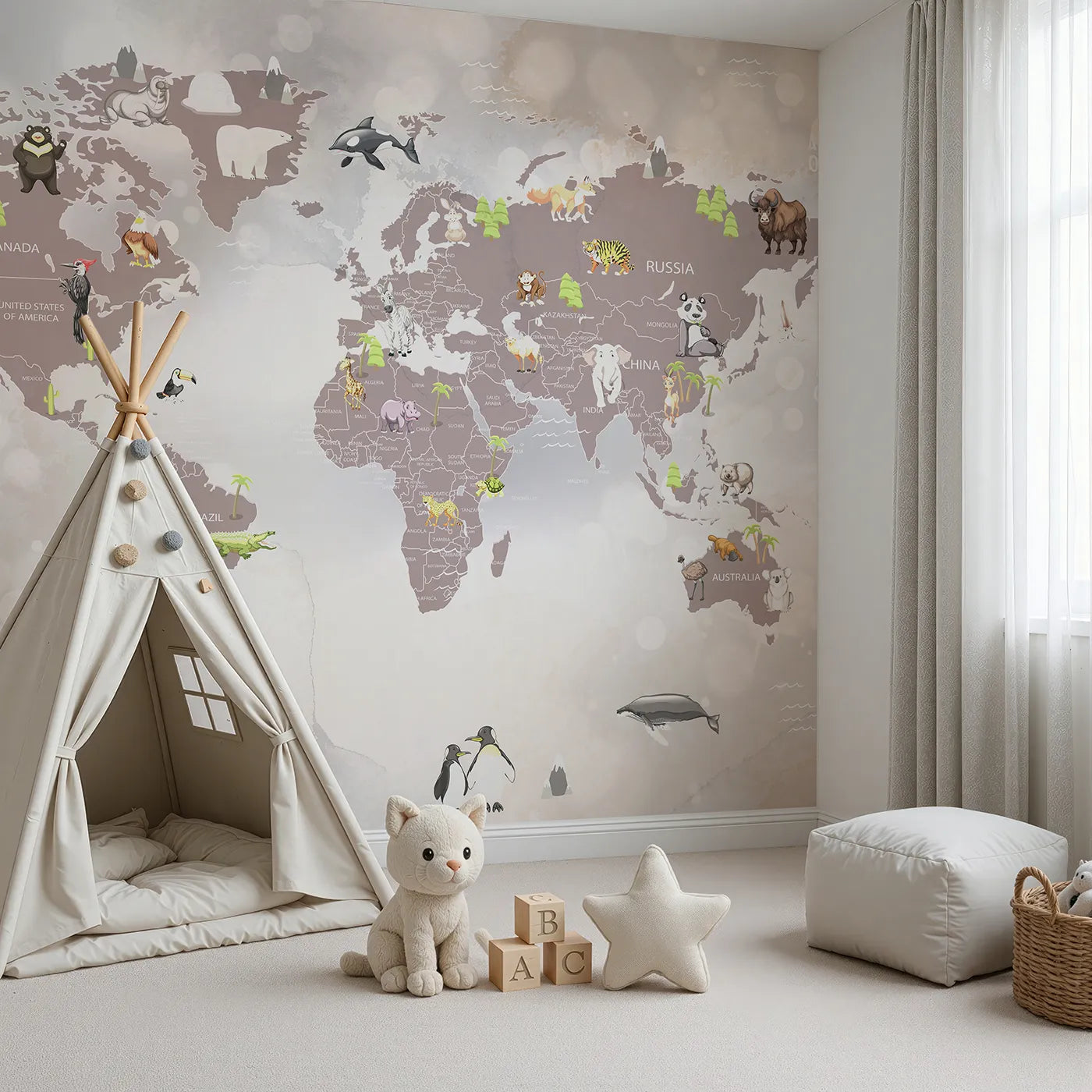 Angled view of Whimsy Tots' Sparkling Animal World Map Wall Mural (Turn Their Room into a Magical, Globe-Trotting Adventure).Gender-Neutral