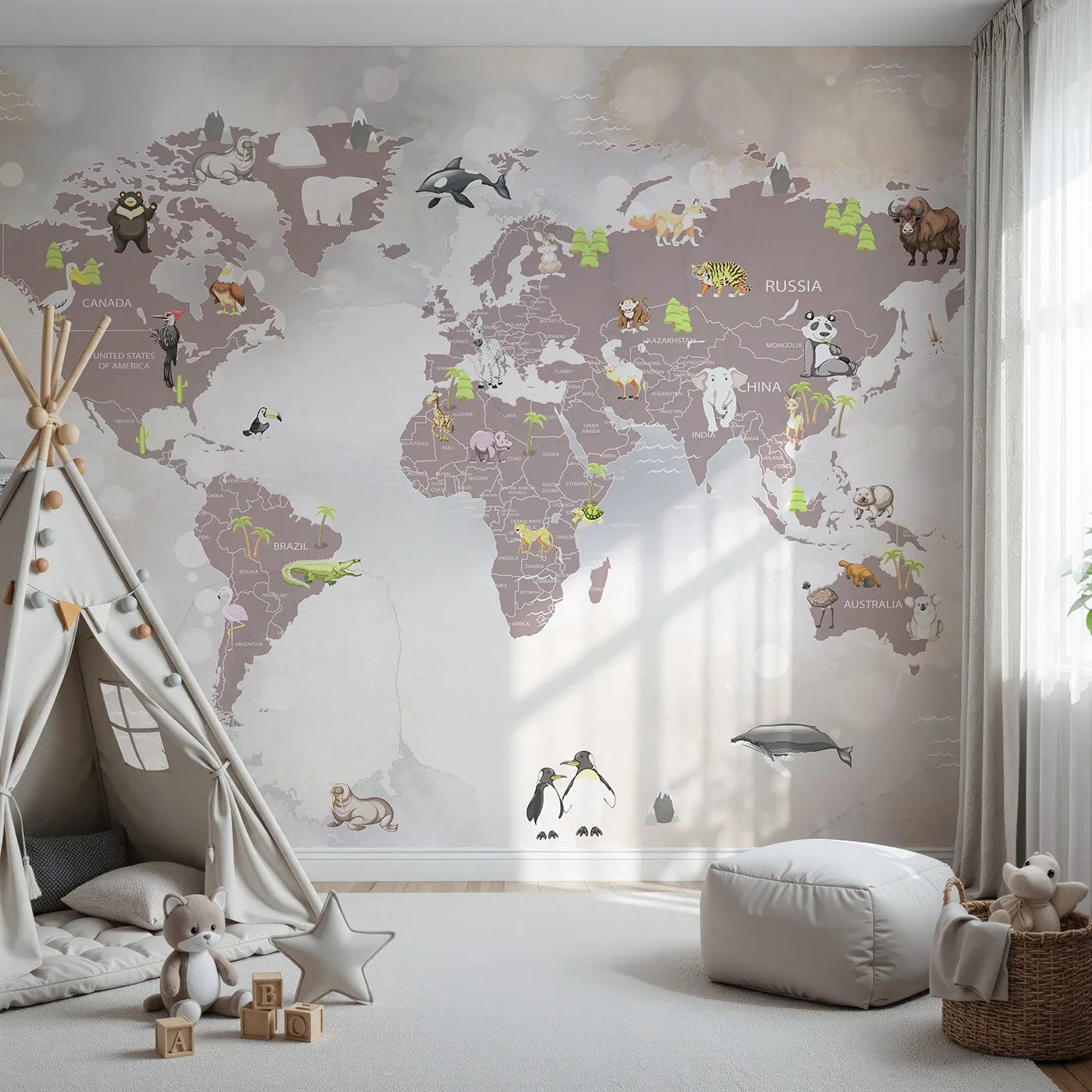 Front view of Whimsy Tots' Sparkling Animal World Map Wall Mural