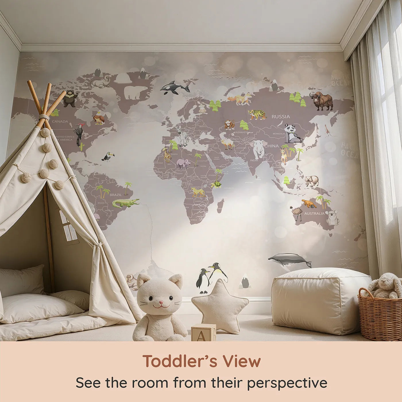 Whimsy Tots Sparkling Animal World Map Wall Mural (Turn Their Room into a Magical, Globe-Trotting Adventure) from your child's view.Gender-Neutral