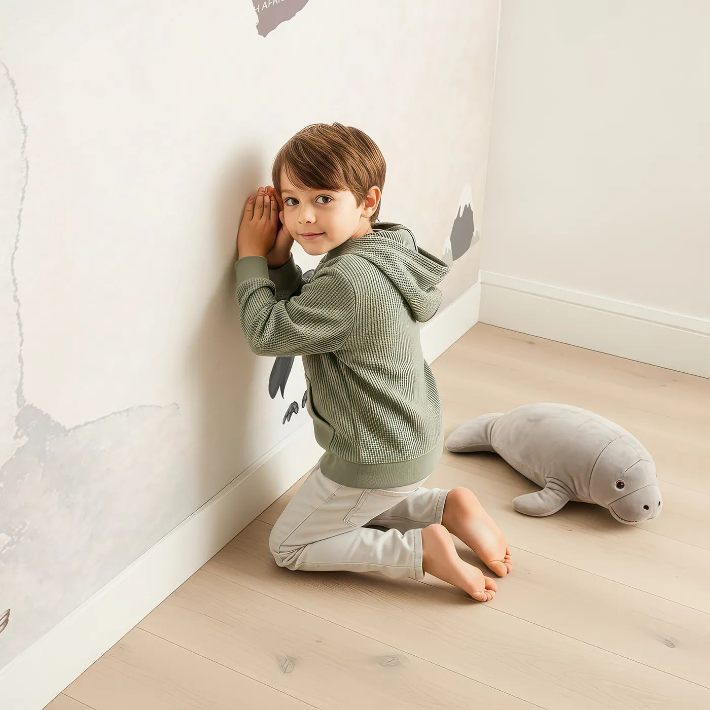 Child in front of Whimsy Tots Sparkling Animal World Map Wall Mural with map, world, animal, sparkle, vintage, educational, travel, brown in design.