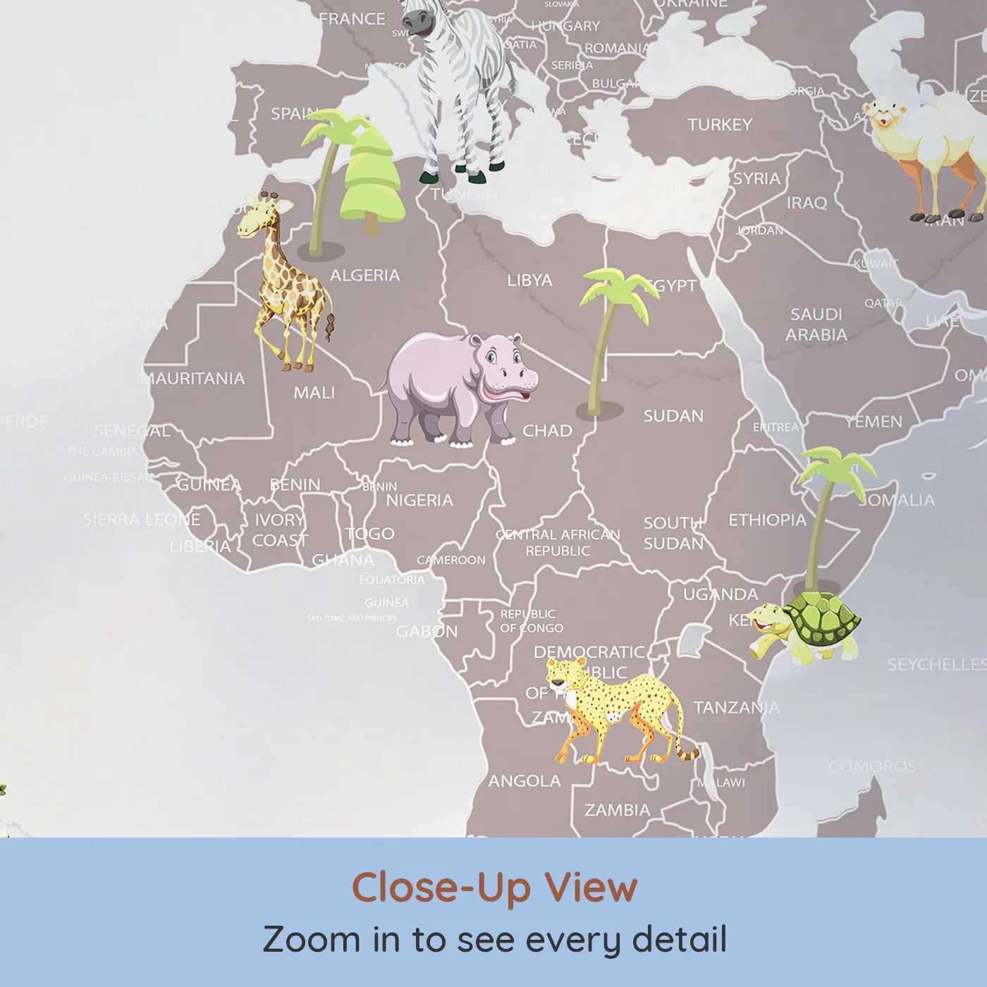 Close-up view of Whimsy Tots' Sparkling Animal World Map Wall Mural (Turn Their Room into a Magical, Globe-Trotting Adventure).Gender-Neutral