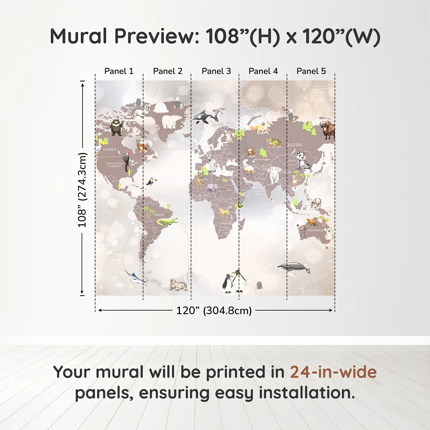 Whimsy Tots Sparkling Animal World Map Wall Muraldimension view (108" H x 120" W). Printed in five 24-inch-wide panels. Gender-Neutral