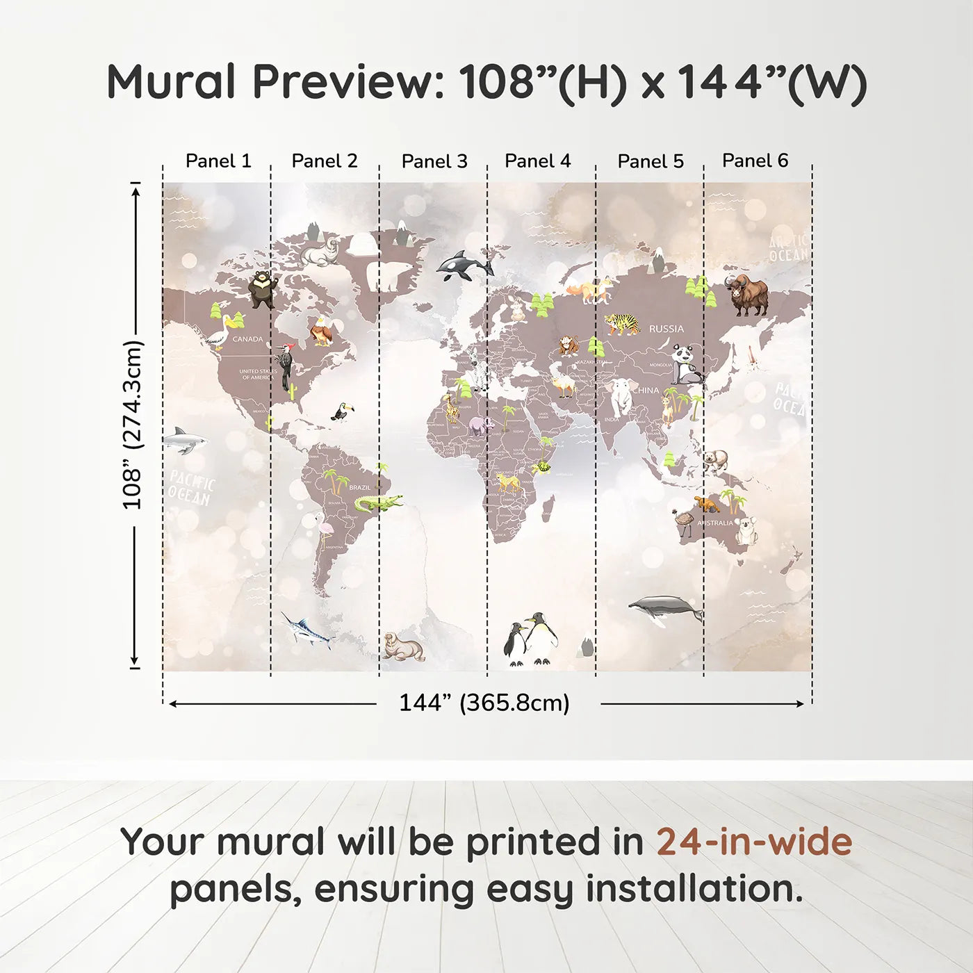 Whimsy Tots Sparkling Animal World Map Wall Muraldimension view (108" H x 144" W). Printed in six 24-inch-wide panels. Gender-Neutral