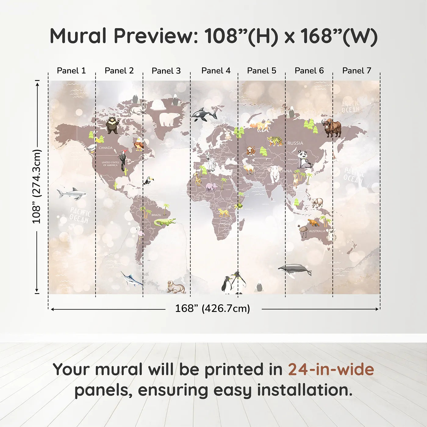 Whimsy Tots Sparkling Animal World Map Wall Muraldimension view (108" H x 168" W). Printed in seven 24-inch-wide panels. Gender-Neutral