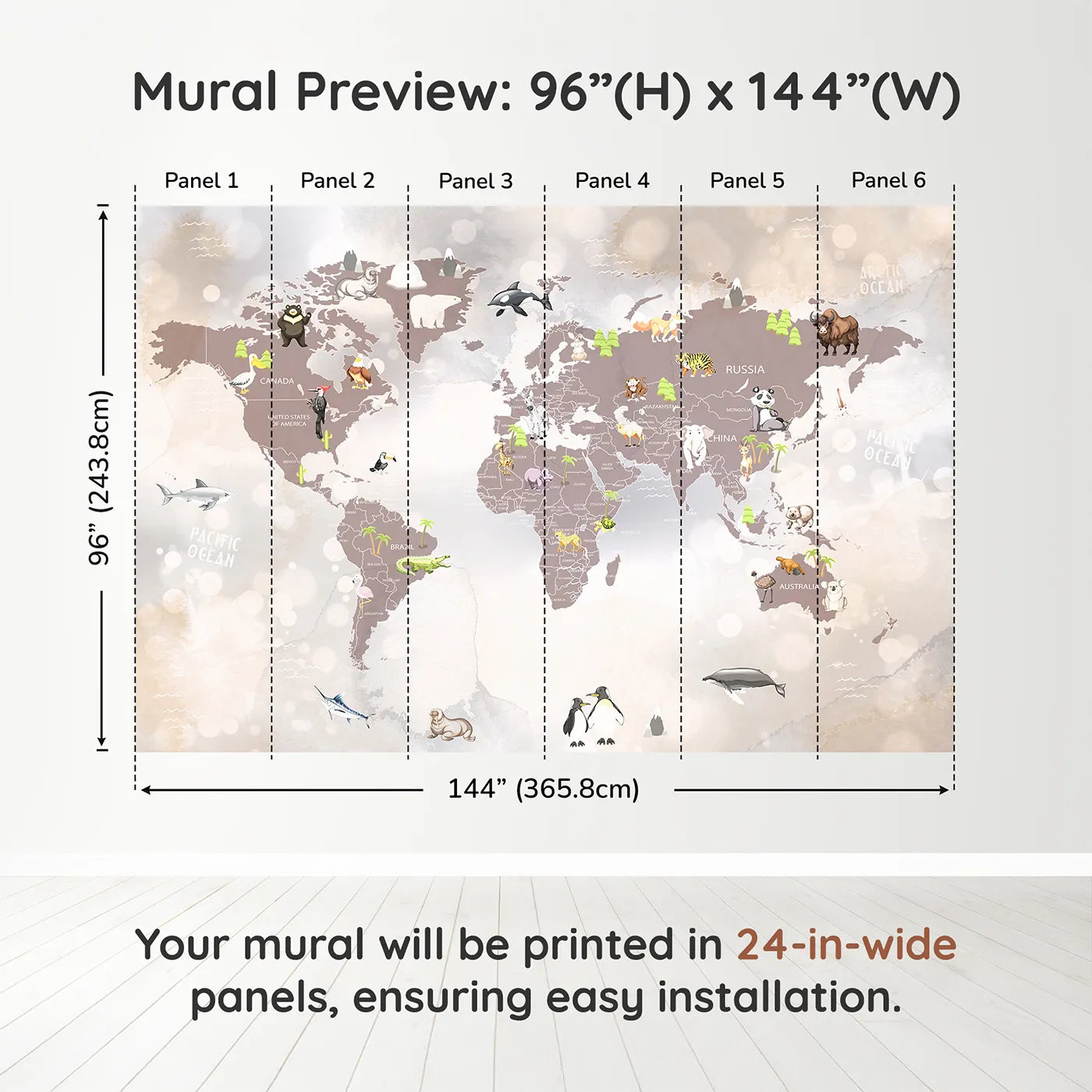 Whimsy Tots Sparkling Animal World Map Wall Muraldimension view (96" H x 144" W). Printed in six 24-inch-wide panels. Gender-Neutral