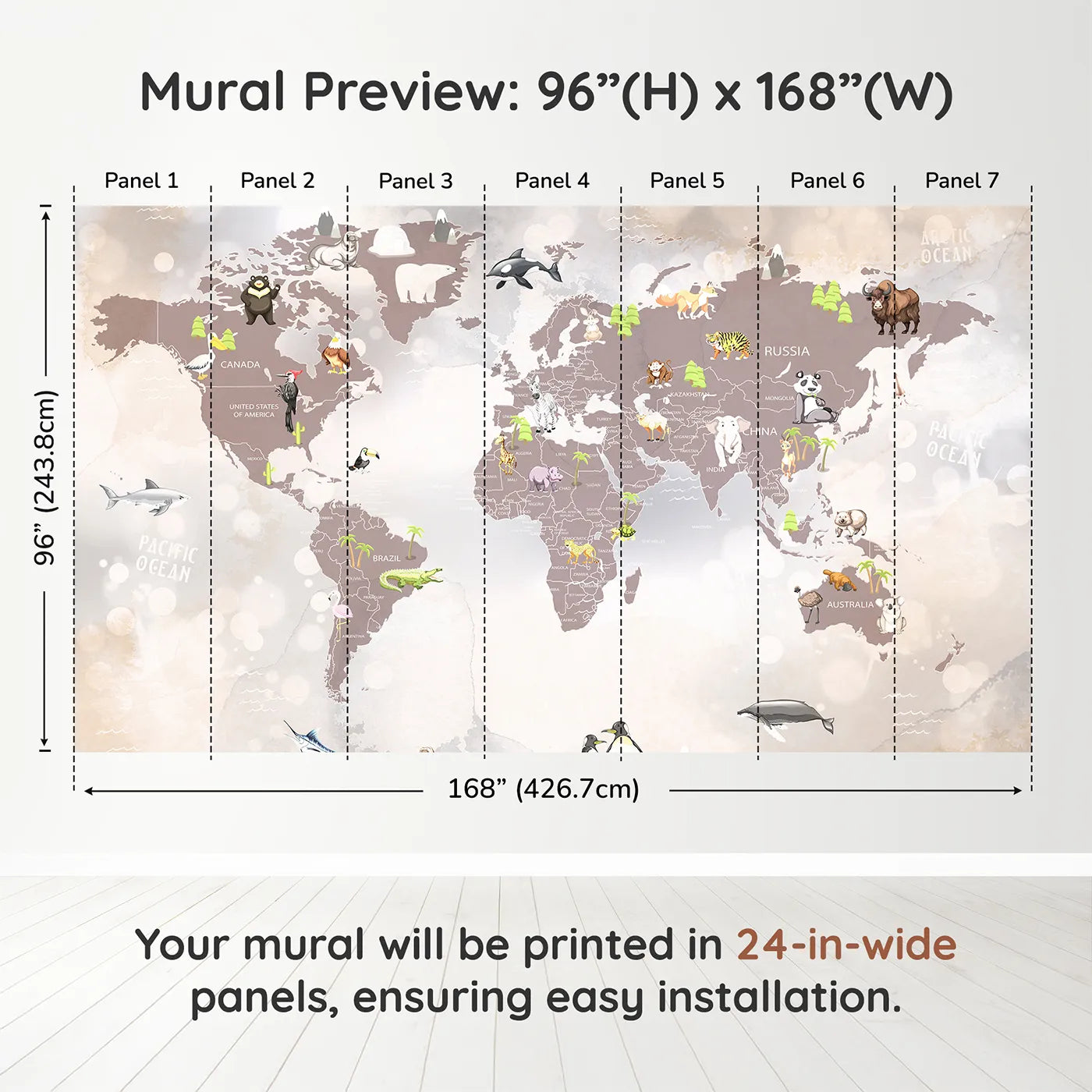 Whimsy Tots Sparkling Animal World Map Wall Muraldimension view (96" H x 168" W). Printed in seven 24-inch-wide panels. Gender-Neutral