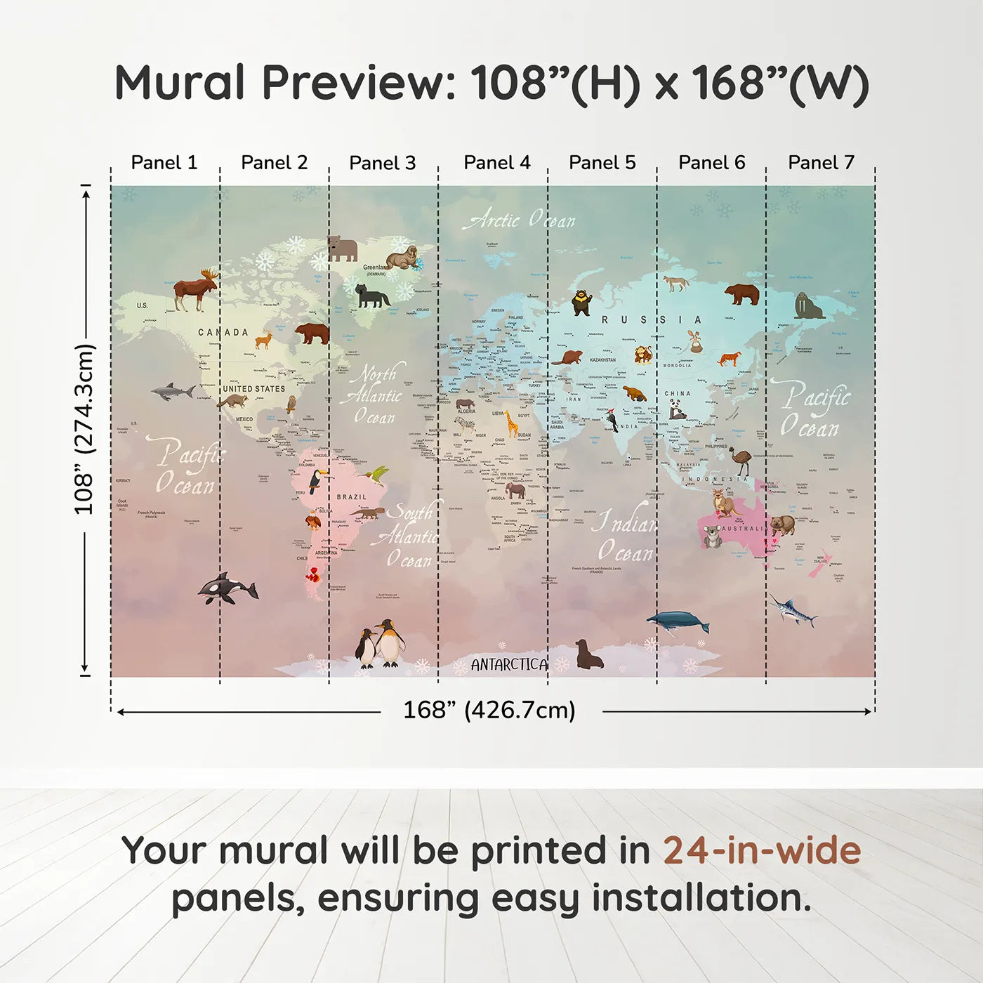 Whimsy Tots Winter Animal World Map Wall Muraldimension view (108" H x 168" W). Printed in seven 24-inch-wide panels. Gender-Neutral