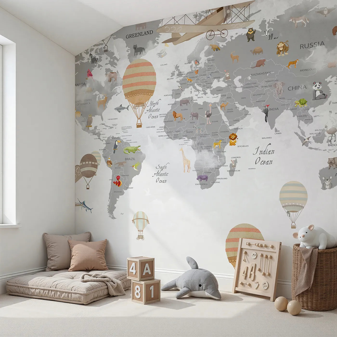 Angled view of Whimsy Tots' Vintage Aviator World Map Wall Mural (Turn Their Room into a Grand, Old-World Air Show).Gender-Neutral