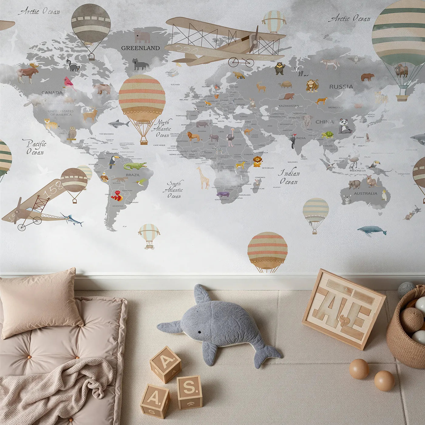 Top-down view of Whimsy Tots' Vintage Aviator World Map Wall Mural (Turn Their Room into a Grand, Old-World Air Show).Gender-Neutral