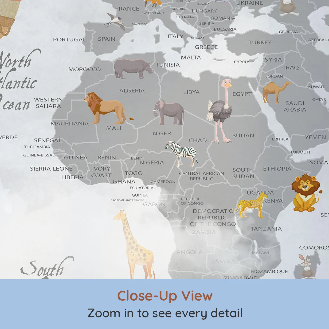 Close-up view of Whimsy Tots' Vintage Aviator World Map Wall Mural (Turn Their Room into a Grand, Old-World Air Show).Gender-Neutral