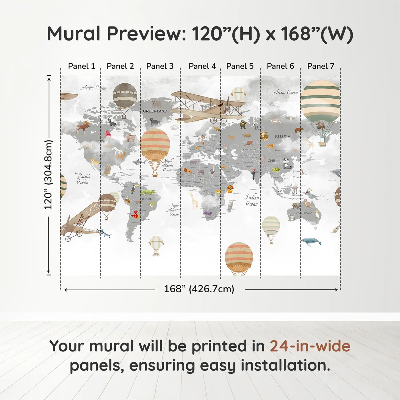 Whimsy Tots Vintage Aviator World Map Wall Muraldimension view (120" H x 168" W). Printed in seven 24-inch-wide panels. Gender-Neutral