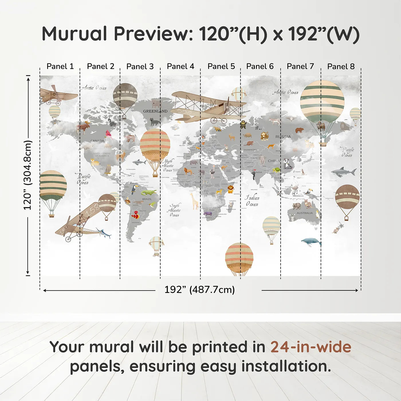 Whimsy Tots Vintage Aviator World Map Wall Muraldimension view (120" H x 192" W). Printed in eight 24-inch-wide panels. Gender-Neutral