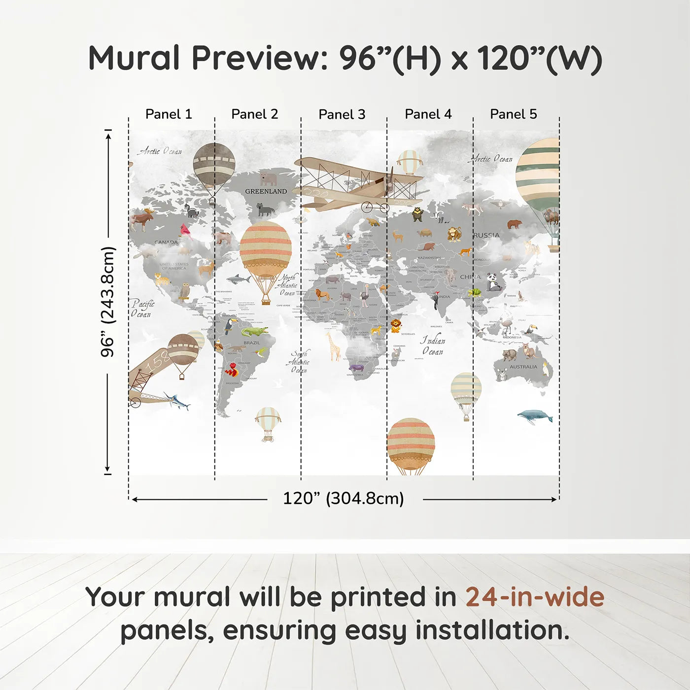 Whimsy Tots Vintage Aviator World Map Wall Muraldimension view (96" H x 120" W). Printed in five 24-inch-wide panels. Gender-Neutral
