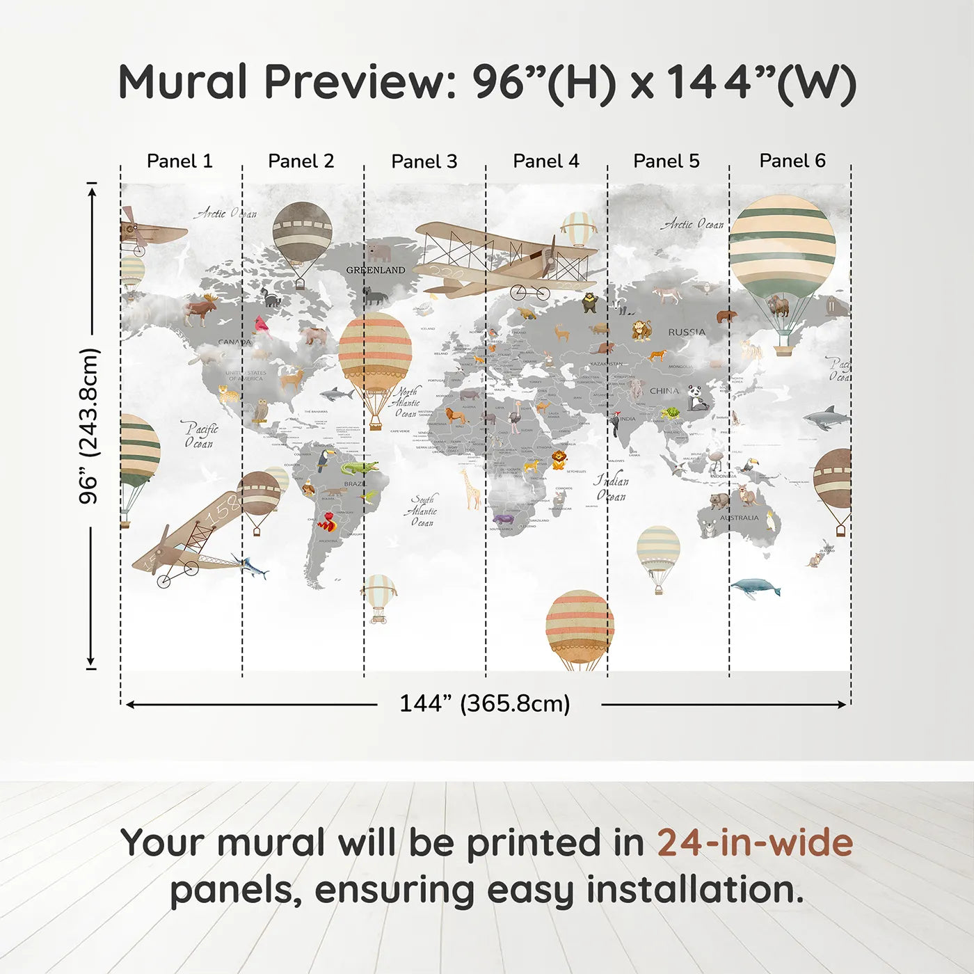 Whimsy Tots Vintage Aviator World Map Wall Muraldimension view (96" H x 144" W). Printed in six 24-inch-wide panels. Gender-Neutral