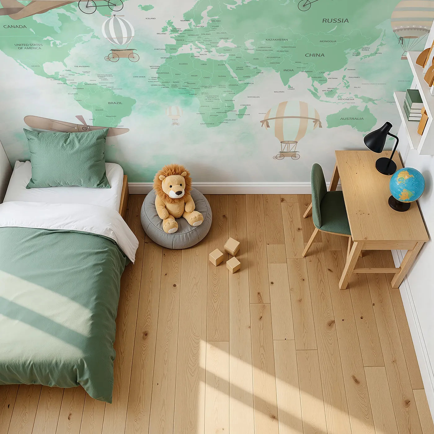Top-down view of Whimsy Tots' Green Vintage Aviator World Map Wall Mural (Turn Their Room into a Grand, Old-World Air Show).Gender-Neutral